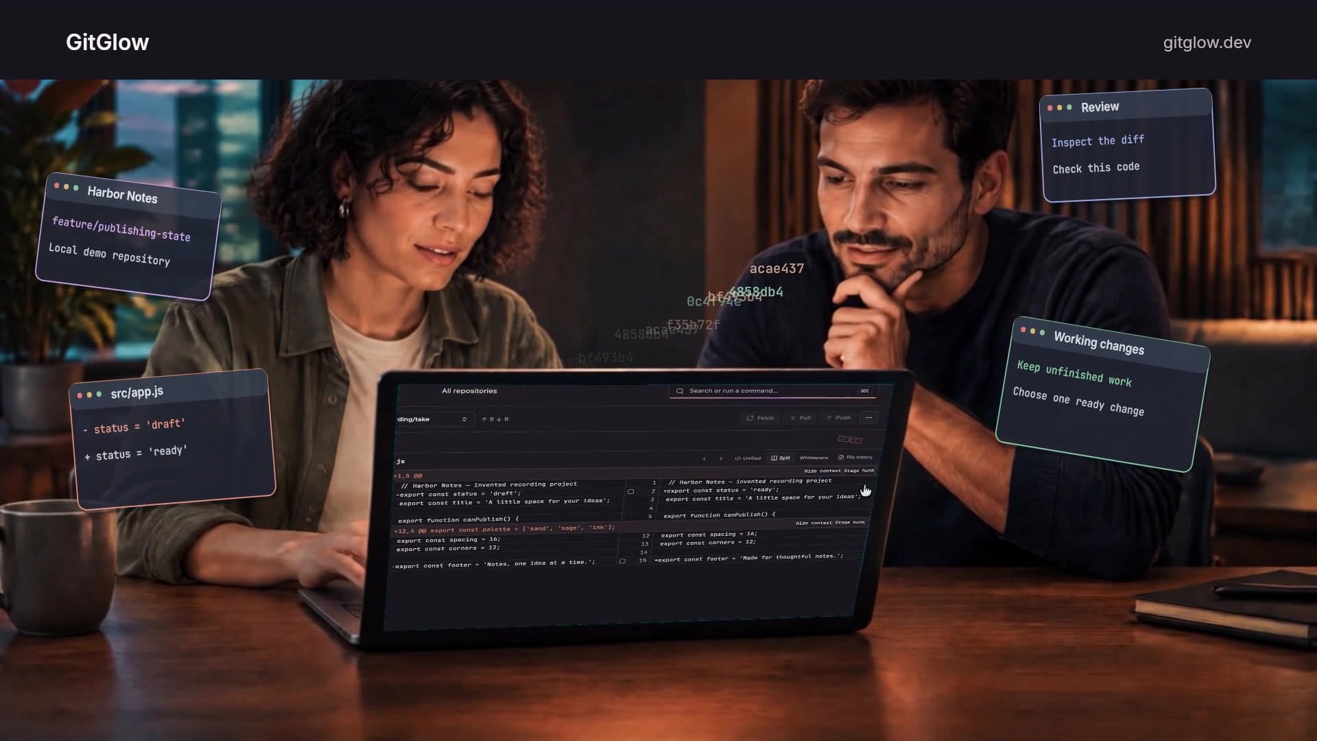 Two developers at a laptop as GitGlow brings their changes into view