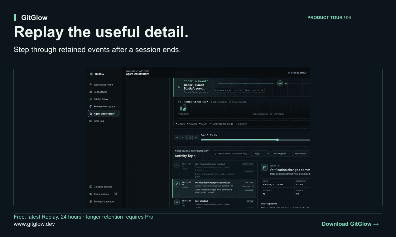 Replay the useful detail. Step through retained events after a session ends. Free: latest Replay, 24 hours · longer retention requires Pro.
